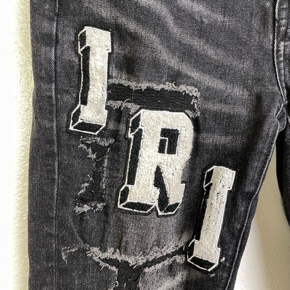 Amiri Skinny Jeans Mens 29 Black Distressed Varsity Logo Designer Denim Stretch - Picture 4 of 10